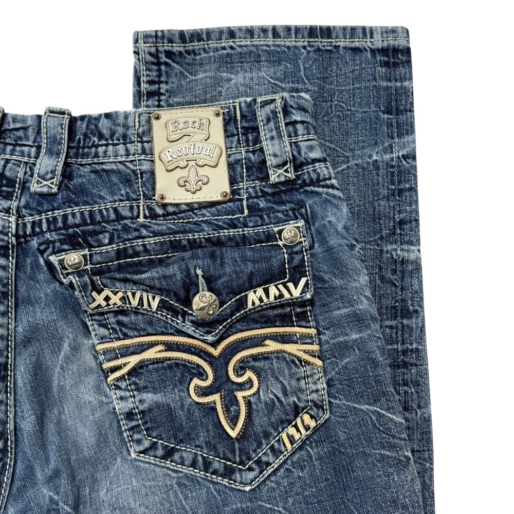 Rock Revival Francis Straight Distressed Blue Jeans Men 38 x 33 Embroidered Y2K - Picture 16 of 16